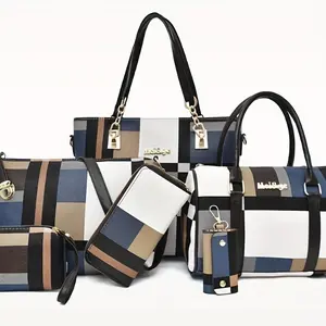 New women's handbag, stylish single-shoulder crossbody bag, six-piece set, large capacity, patchwork checkered casual tote bag