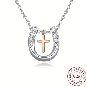 Elegant Women's Horseshoe Necklace with Cross Pendant - Sparkling Stone Embellishments, 925 Sterling Silvery, Vintage Style, Perfect for Birthdays, Anniversaries, Halloween - Year-Round Everyday & Special Occasion, Holiday Accessory, Anniversary Gift