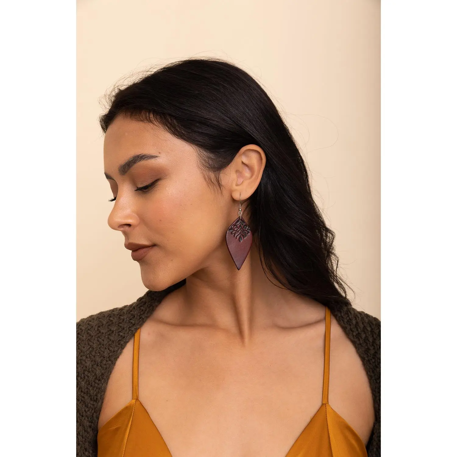 Engraved Leaf Leather Earrings