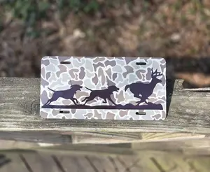 Hunting License Plate, Camo Car Tag for Hunters with Hounds Chasing a Deer
