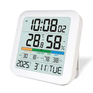 Digital Indoor LCD Thermometer Hygrometer Clock, Room Temperature Humidity Monitor, Backlight, Air Comfort Indicator, 24h Records, Alarm for Home & School