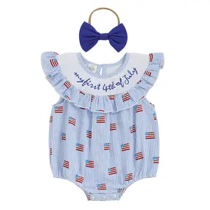 Baby Girl 4th of July Outfit, Newborn Patriotic Smocked Romper with American Flag Print and Headband, Baby Clothes Girl