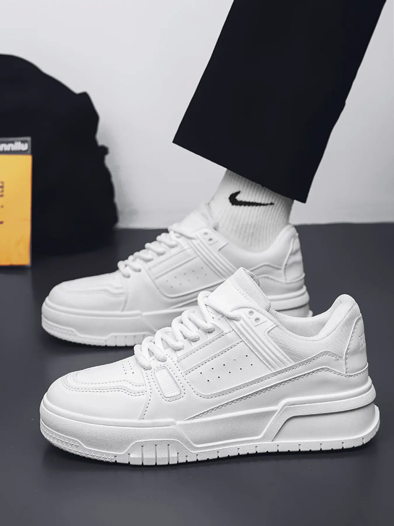 Teens' Chunky Sole Athletic Sneakers | Matte Black Skate Shoes | Unique Casual Design Walking Shoes | Stylish Sneakers