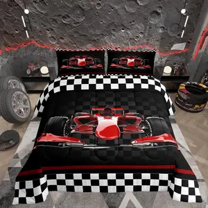 Red Stripes Geometric Grid Plaid Bedding Set for Boys Girls,Extreme Sports All Season Cozy Comforter Set,3D Red Formula Car Duvet Set,Bedroom Decor,Personalized Birthday Gifts