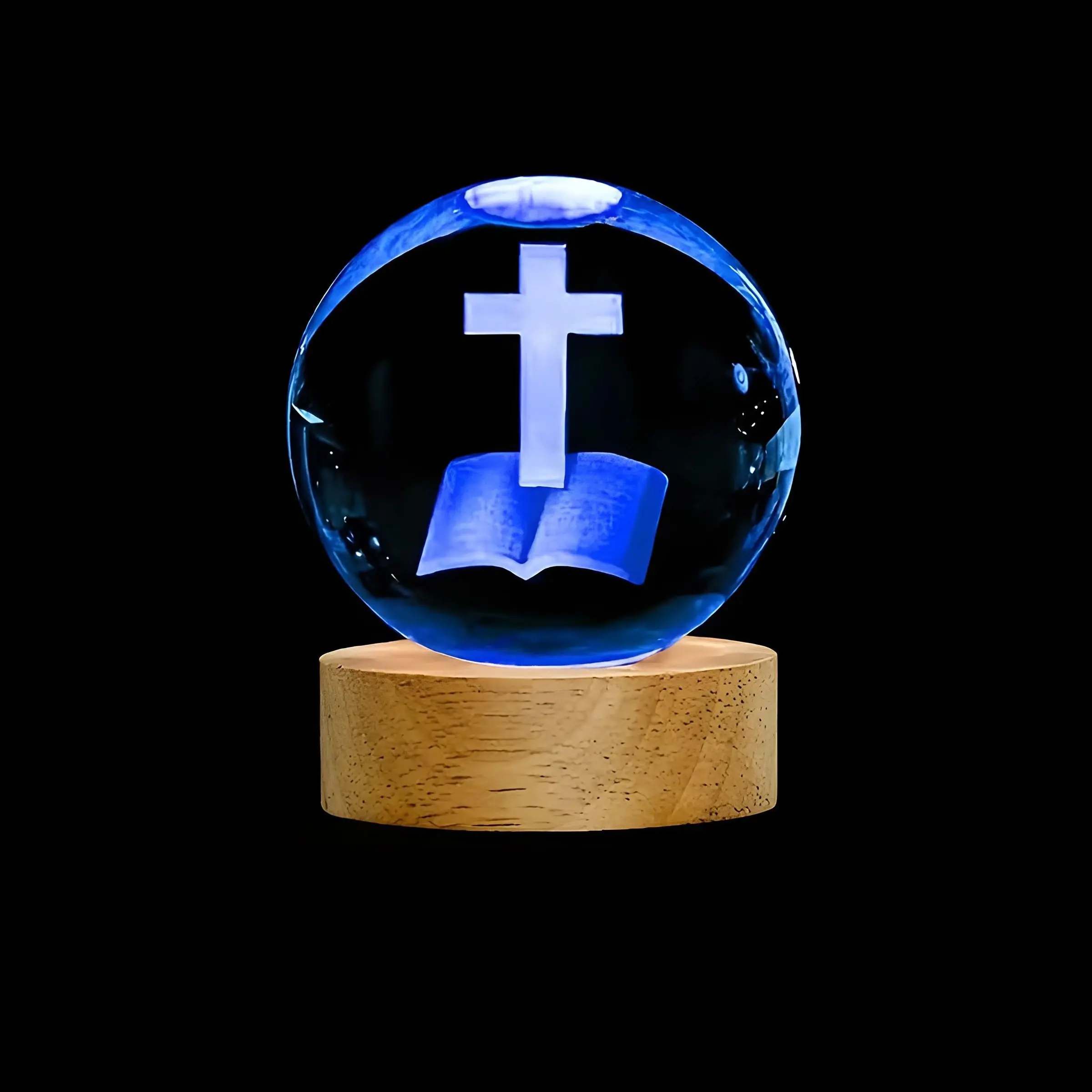 2.36 Inch Bible Cross 3D Crystal Ball Color Night Light, Ambient Lighting, USB Powered, Laser Engraved Religious Art Decor, Home Office Bedroom Gift, Decorative Light Decor, Decorative Atmosphere Lighting