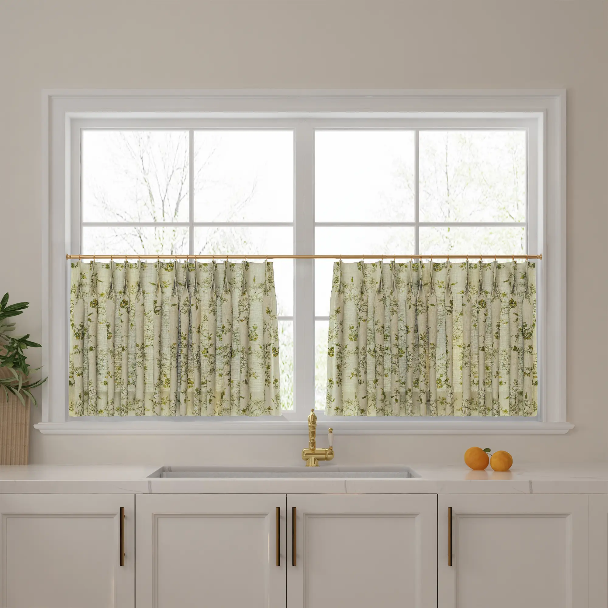TWOPAGES Sara Le Printed Linen Heavy Curtains, 2-Panel Tailored Pleated Unlined Cafe Curtains, Home Decoration Home Textile Half Window Drapes for Kitchen, Living Room, Heavy Curtain