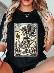 100% Cotton Unisex Softball Mom Tarot Card Skeleton Softball Mama Mothers Day T-Shirt
