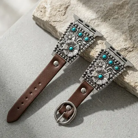 Vintage Metal Flower Strap Compatible with Apple Watch 38-49mm, Soft Leather Band for Ultra 1/2 Series 10-1, Unisex Daily Wear, Smart Watch Accessories, Wearable Accessory, Smartwatch Accessories (Band Only)