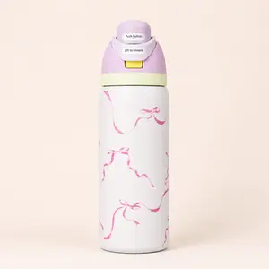 Owala FreeSip 32 oz Insulated Stainless Steel Water Bottle with Built-in Straw, Leakproof BPA-Free Vacuum Insulated Sports Bottle, Cute Pink Ribbon Pattern, Wide Mouth, Reusable for Travel, Gym & School, White