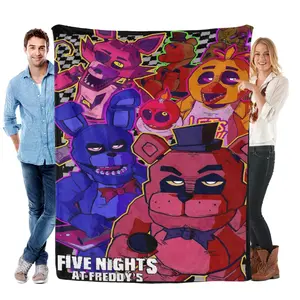 Five Nights at Freddy’s Vibrant Animatronic Collage Flannel Fleece Blanket – Bold, neon-lit design featuring Freddy, Bonnie, Foxy, and Chica, perfect for cozy nights and fans of the iconic horror game series.