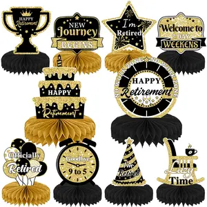 10Pcs Black Gold Retirement Centerpiece Decorations 3D Table Honeycomb Centerpiece, Novelty Retirement Honeycomb Centerpieces Table Toppers for Men Happy Officially Retired Party Decoration Party Supplies Favors, Home Decor Ornament