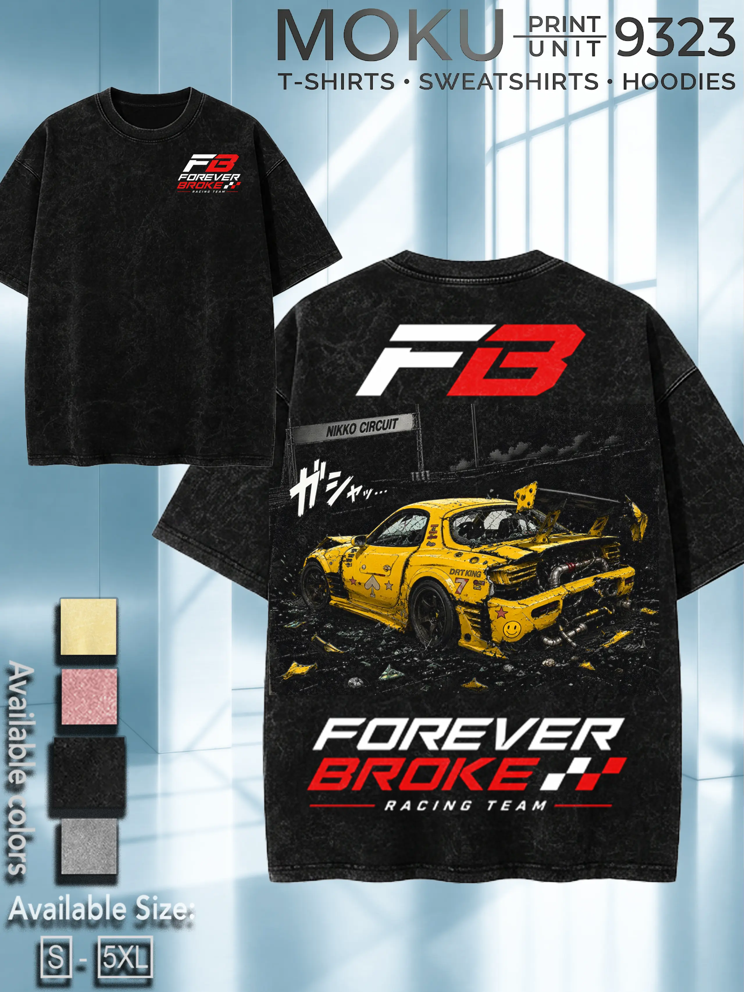 RX-7 Rotary JDM Track Missile Crash Graphic T-Shirt. Vintage Oversized Heavyweight Cotton Streetwear Tee, Washed Faded Black, Distressed Retro Style Japanese Tuner Art Print Gift For Fan Fabric Menswear Top Breathable