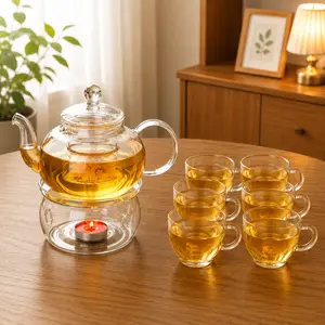 Constant Temperature Heated Glass Kettle 600ml Pot with 6 Round Handle Cups & Round Base Transparent Filter  Inner Glass Flower Tea Kettle Gift Box Tea Set Glass teapot suitable for women at home to use fruit beauty tea with thermostatic heating base