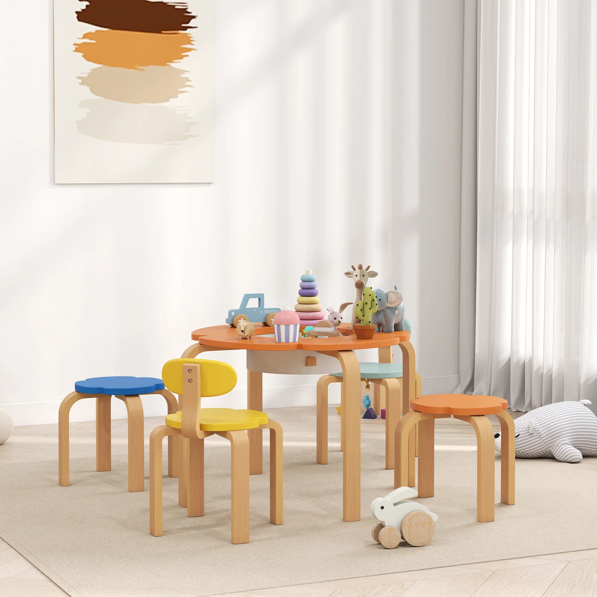 5-Piece Kids Table and Chairs Set, Toddler Table and Chair Set with Built-in Storage, for Nursery, Living Room, Playroom