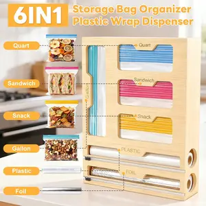 Magnetic Storage Bag Organizer 6 In 1 Ziplock Bag Organizer for Fridge and Drawer, Foil and Plastic Wrap Organizers with Cutter, Food Storage Bags Organizers for Gallon Quart Sandwich Snack Airtight Containers