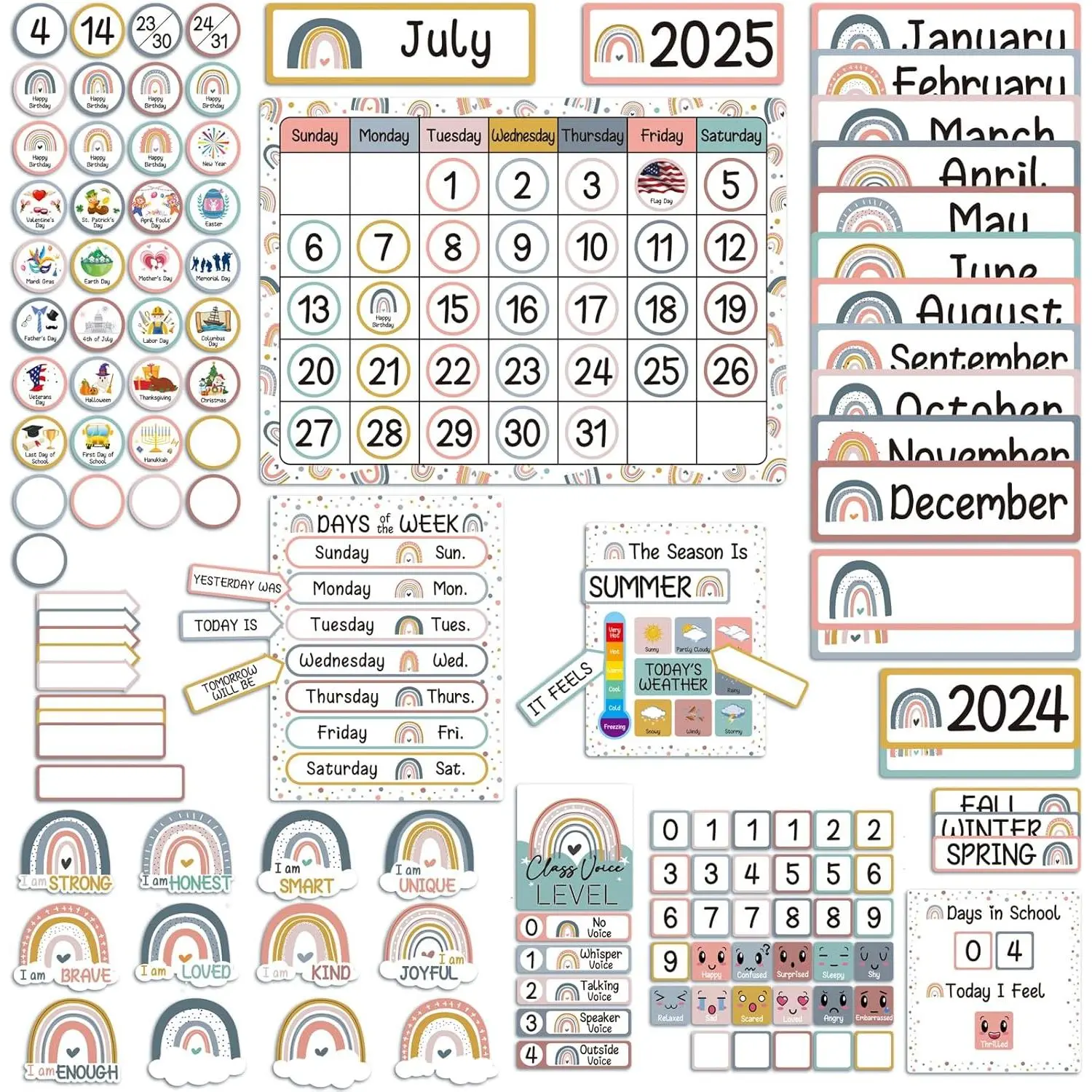 Boho Rainbow Calendar Bulletin Board Set - Teaching Supplies, Back to School Haul Good Helper for Teachers, Learning Tool for Classroom Hallways Windows, 1 Chart, 4-Season Weather Chart, 12 Monthly Headers, 33 Number Cover-Ups (Office/School Supplies)