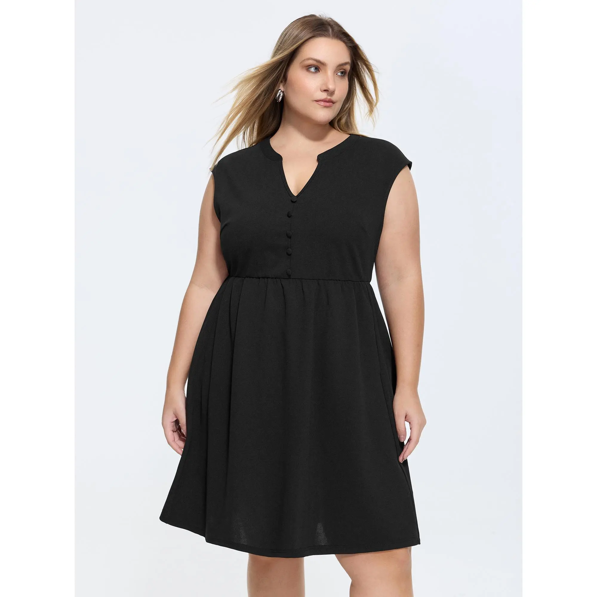 BloomChic Plus Size Women's Clothing Smocked Button-Down Casual Dress - Solid Black, Cap Sleeves, Side Pockets, Breathable Stretch Poly-Spandex Fabric, Kneelength, Simple Minimalist Fit for Curvy Figures (Office Look/Everyday Wear)