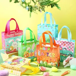 Reusable Easter Gift Bags with Handles, Non-Woven Fabric Bunny Egg Bags, 7.8"x7.8"x3.5", Perfect for Egg Hunt, Party Favors, Spring Candy Baskets
