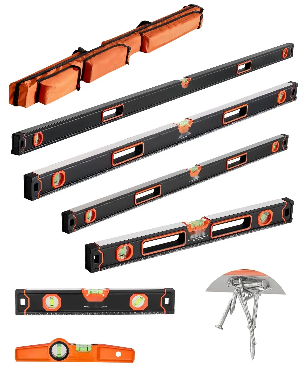 6-Piece Torpedo Magnetic Level Set with 78, 48, 32, 24, 16, and 10 Inch Levels for 45, 90, and 180 Degree Angles, Aluminum Alloy Box Leveler, Shock-Resistant Construction, SAE and Metric Scale, Bubble Vials, Ruler