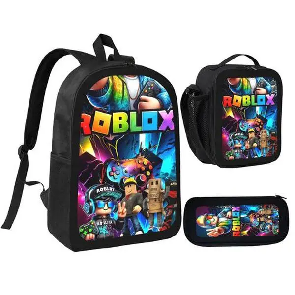 Roblox Themed 3-Piece Backpack Set, Colorful Game Characters & Controller Print School Bag + Lunch Bag + Pencil Case, Oxford Cloth Adjustable Strap Daypack for Kids & Gamers