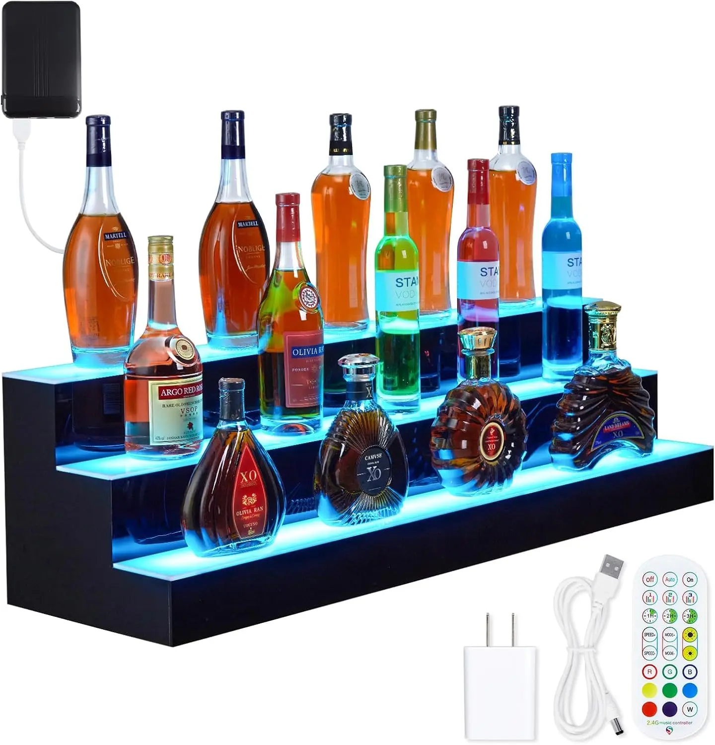 【GARVEE】LED Lighted Liquor Bottle Display Shelf 2 Steps 30 Inches Liquor Shelf With RF Remote & App Control Acrylic Drink Shelves Multicolor Lighting Bar Shelves for Liquor Bottle Alcohol Display Shelf Stand