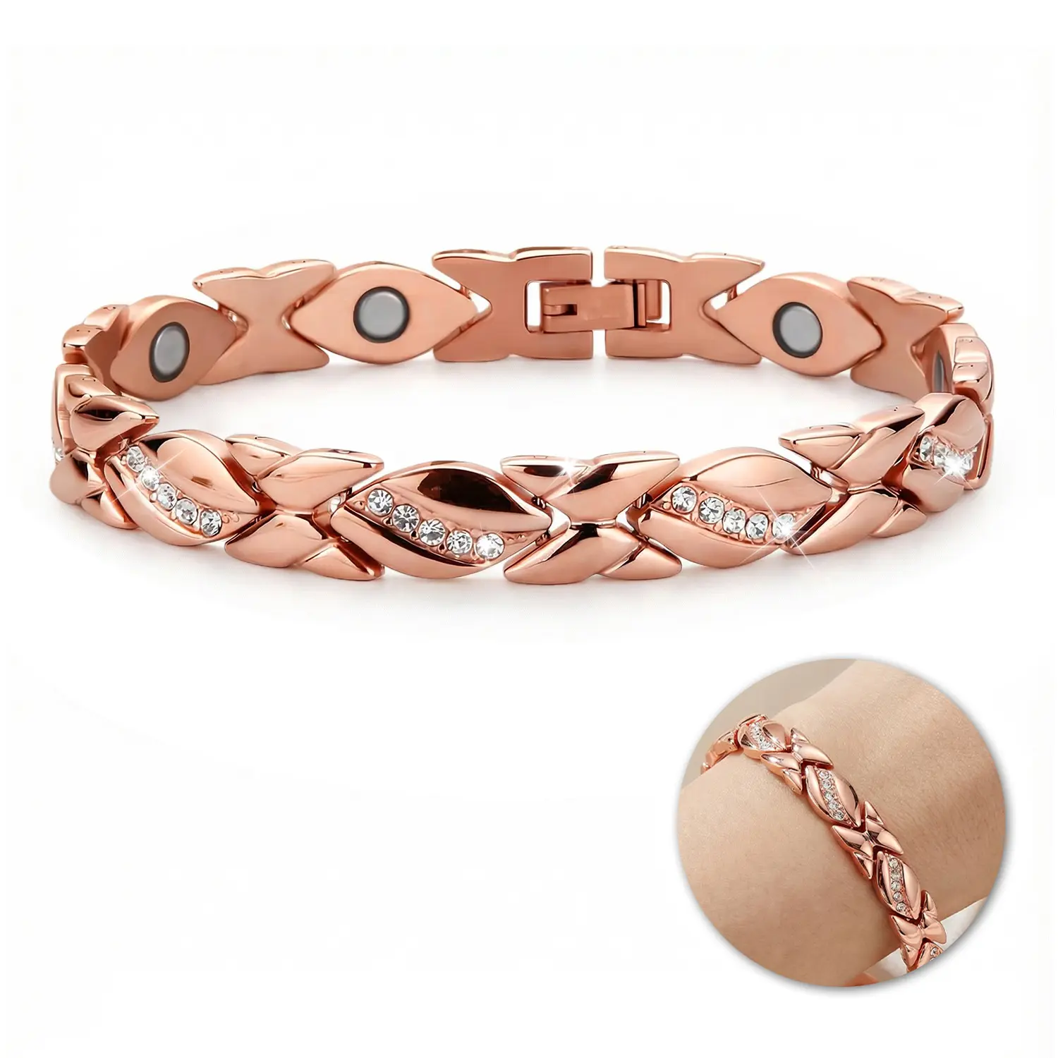 Women's Leaf Bracelet, Pure Copper Magnetic Bracelet with Diamonds, 3500 Gauss Effective Magnets, Fashion Health Jewelry Gift for Women