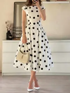 Women's Casual Polka Dot Long Dress, Bubble Sleeve, Round Neck, French Style, Perfect for Weddings, Dates, Picnics, Spring Summer