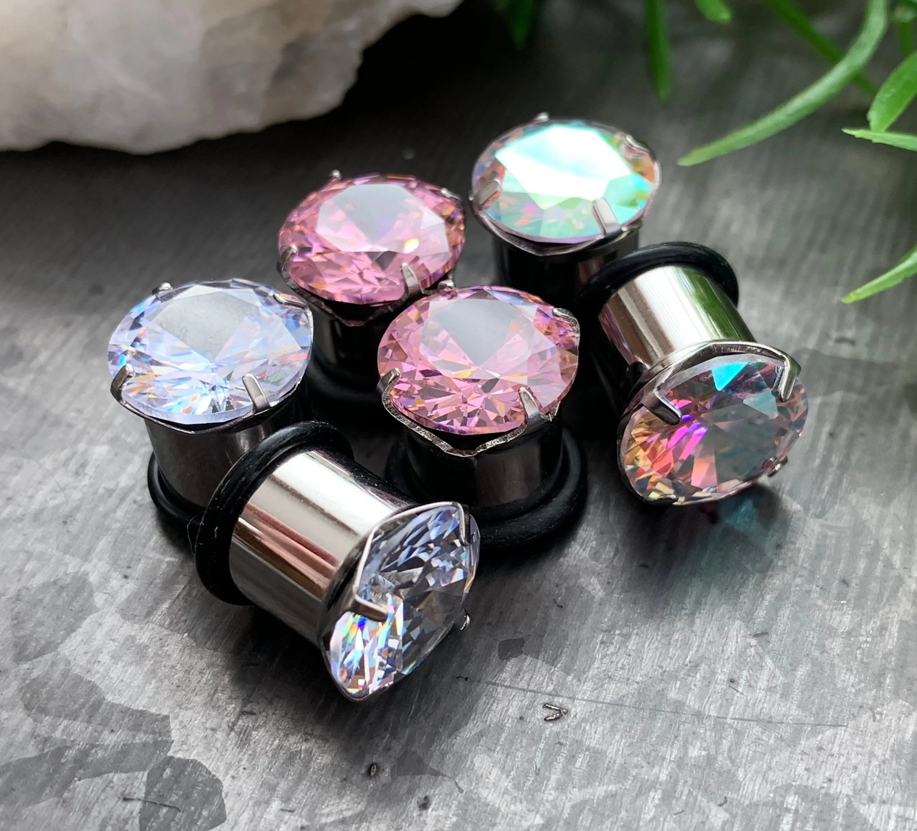 PAIR of CZ Gem Single Flare Steel Hollow Tunnels/Plugs w/O-Ring - Aurora Borealis, Clear Pink - Gauges 8g (3mm) thru 5/8" (16mm)