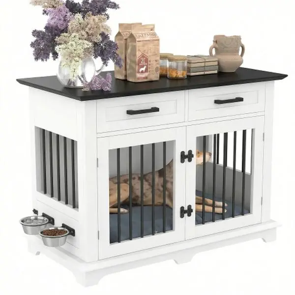 Bellemave Large Furniture-Style Dog Crate End Table - Walnut Brown MDF Wood-Iron, Chew-Resistant Indoor Kennel for Medium-Large Dogs with 2 Drawers, 360° Swivel Bowl, 4 Locks Stop Pawing, Storage Organization, Iron Bar Strength, Tabletop Decor Spot