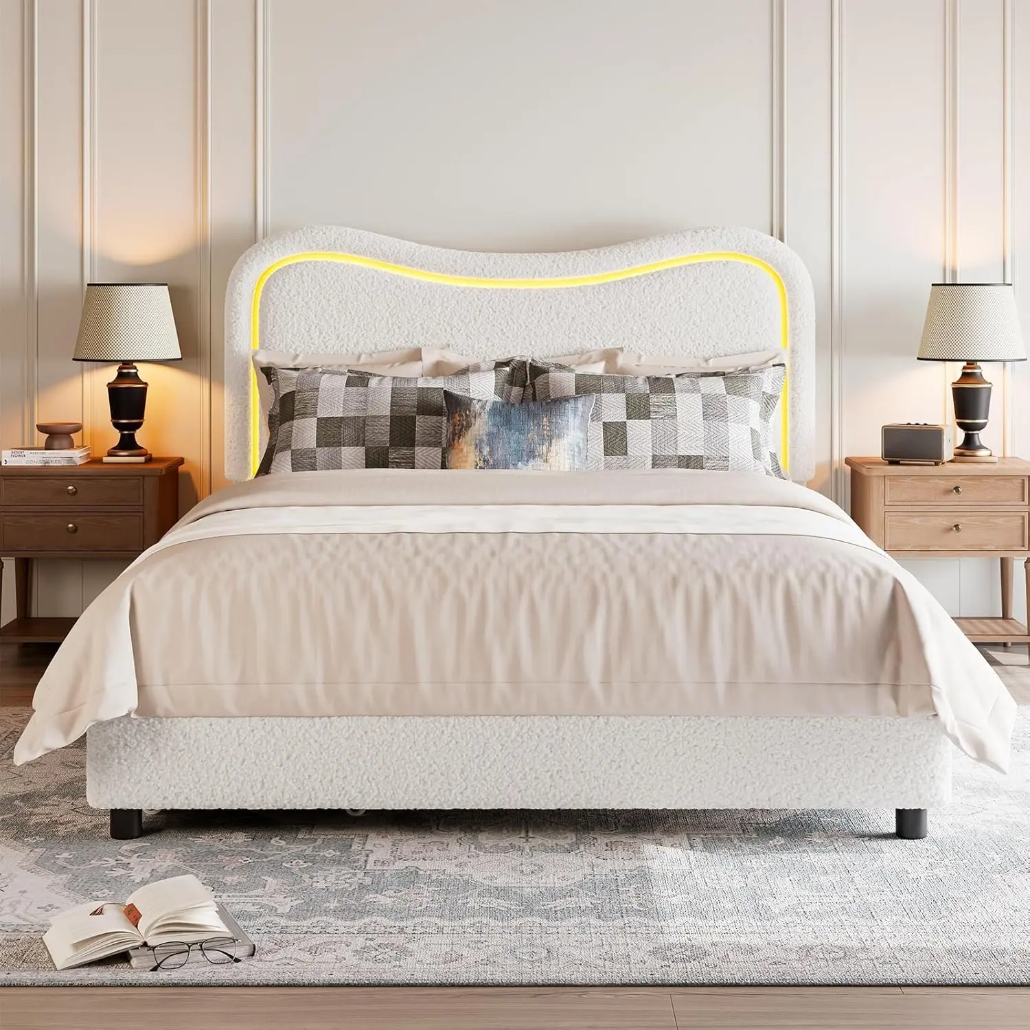 Boucle Upholstered Queen Platform Bed Frame with LED Headboard, 2 Storage Drawers, Firm Wood Slat Support, No Box Spring Needed, High Quality Modern Bedframe with LED Lighting to Light Up Your Space, Platform Bedframes, Queen Bed Frame