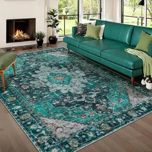 Boho Bedroom Area Rug Teal Rug Non-Slip Oriental Entry Throw Low-Pile Indoor Floor Carpet for Living Room Laundry Foyer Decor summerwins