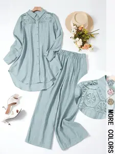 Women's Casual Two-Piece Set, Hollow-Out Top and Loose-Fit Pants, Plain Color Comfortable Breathable Outfit for Daily Wear, Spring and Fall Fashion