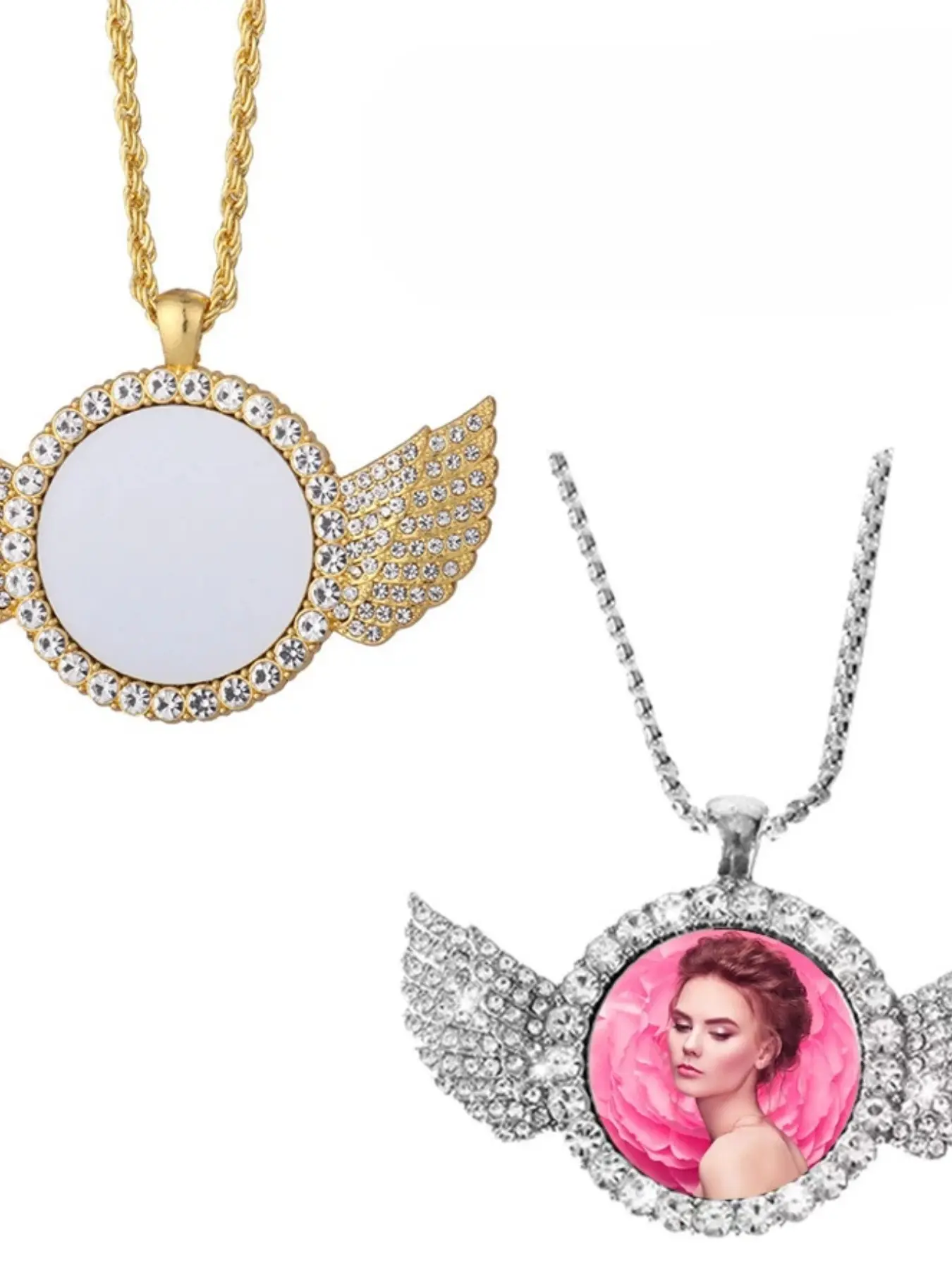 Angel Wing Design Pendant Necklace for Women As Exquisite Jewelry Gift, Rhinestone Decor Round Shaped Jewelry for Party, Club, Elegant Fashion Modern Accessories for Daily Wear, Stainless Steel Necklace, Exquisite Chain Jewelry, Angel Wings Pendant