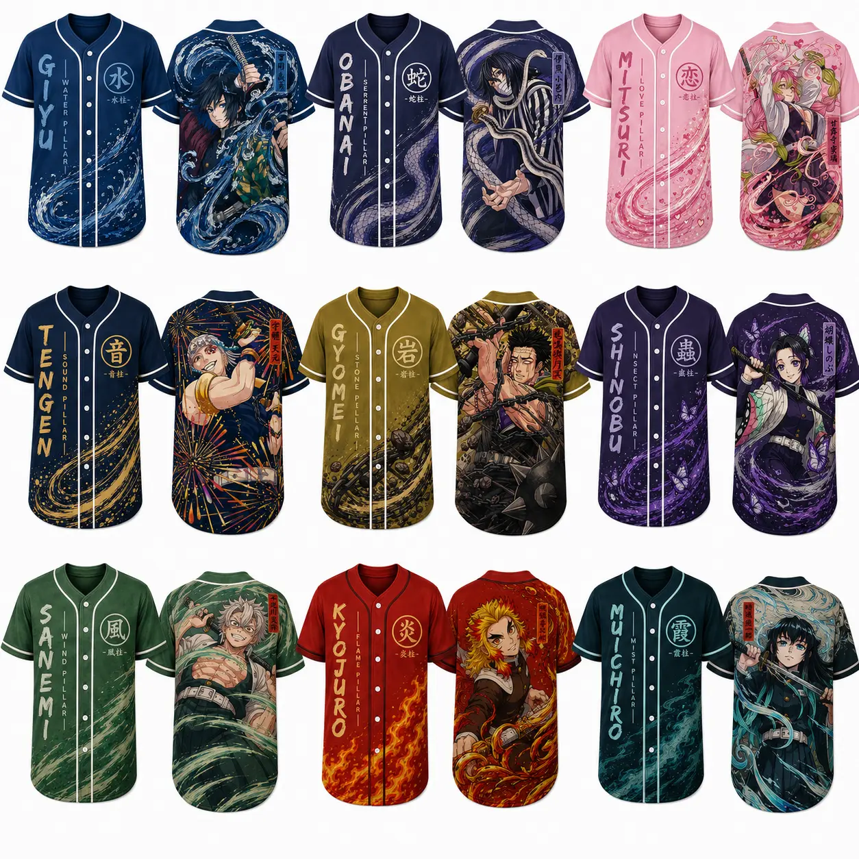 Demon Slayer Kimetsu no Yaiba Nine Hashira Baseball Jersey Collection - Choose Giyu, Tengen, Rengoku, Shinobu, Mitsuri, Obanai, Sanemi, Gyomei, or Muichiro Graphic Button-Down Shirt