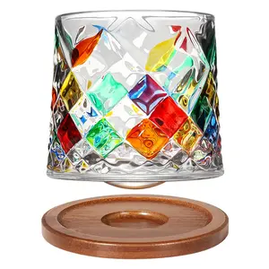 Rotatable Old Fashioned Glass Cup, Artificial Painting Diamond Style,275ml/10oz Crystal Whiskey Glass, Wood Coaster, Thickening, Used as Rum Glass, Cocktail Cup, Coffee, Milk to Relax and Reduce Stress, Ideal Gift