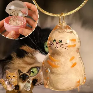 Cat Fur Memorial Keychain DIY Pet Hair Container Clear Capsule Locket with Mini 3D Figurine Cute Bag Charm Remembrance Jewelry for Owner Rainbow Bridge Gift