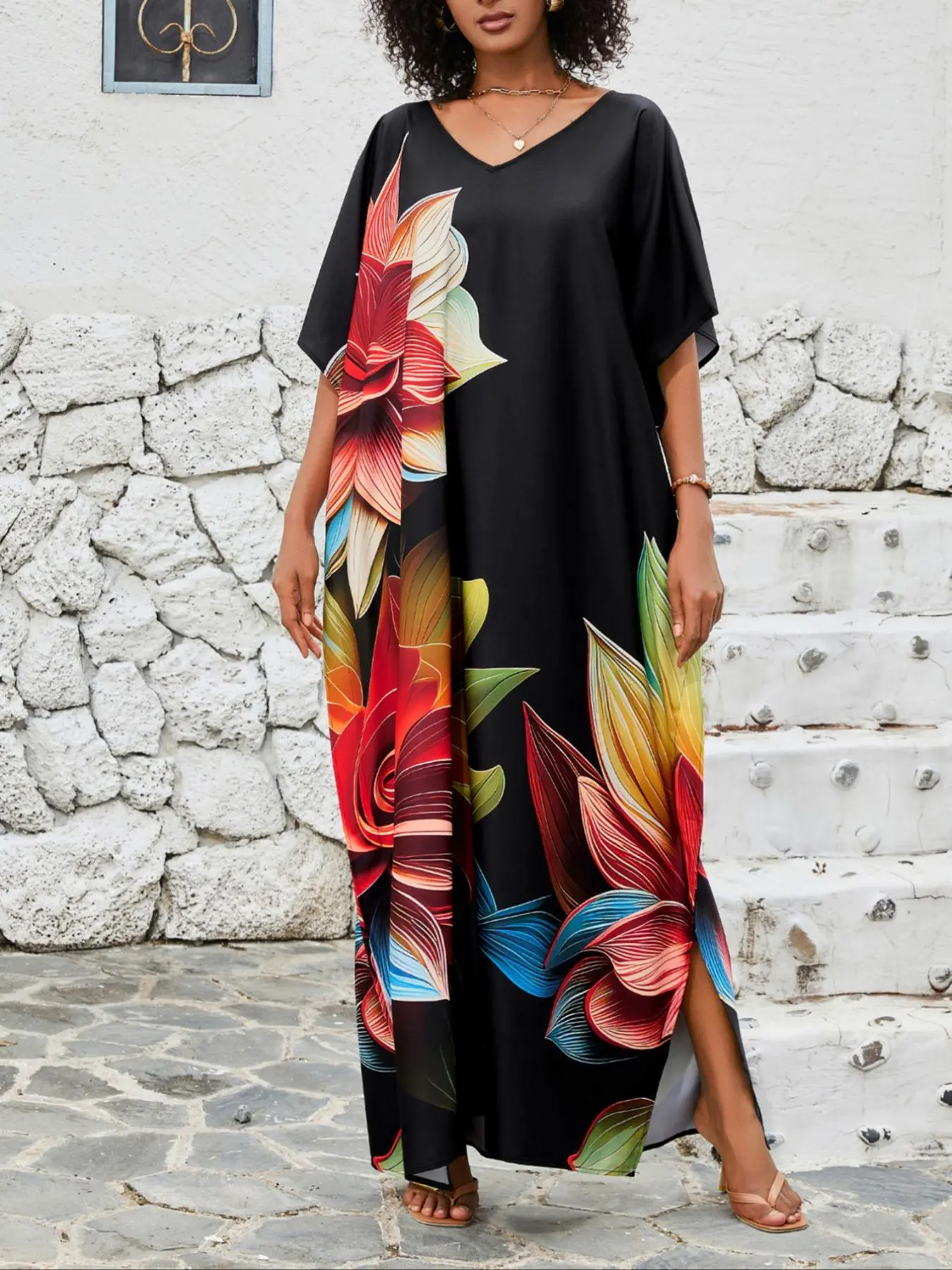 Plus Size Floral Print Side Split Long Dress, Boho V Neck Short Sleeve Dress, Beachy Style Dress, Casual Dresses for Beach Holiday Vacation, Women's Clothes, Casual Dress