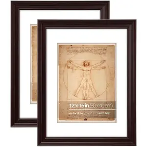 12x16 Mahogany Beveled Design Ornate Classic Picture Frame, Matted to 9x12 inches, Plexiglass Cover, Vertical or Horizontal Wall Mount Display, 2 Pack