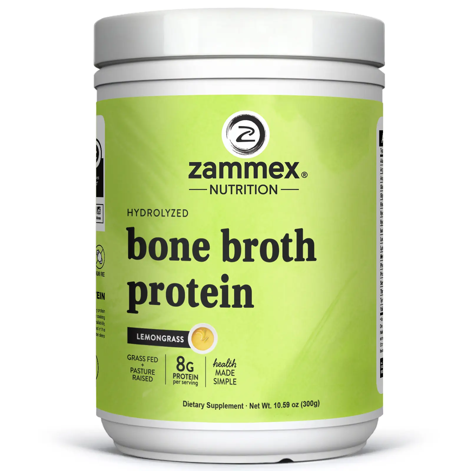 Zammex Edible Sugar-Free Hydrolyzed Collagen Bone Broth Protein Powder - Lemongrass Flavor, Dietary Supplement with Glucosamine, Nutrient-Rich Complex for Joint & Skin Care Support