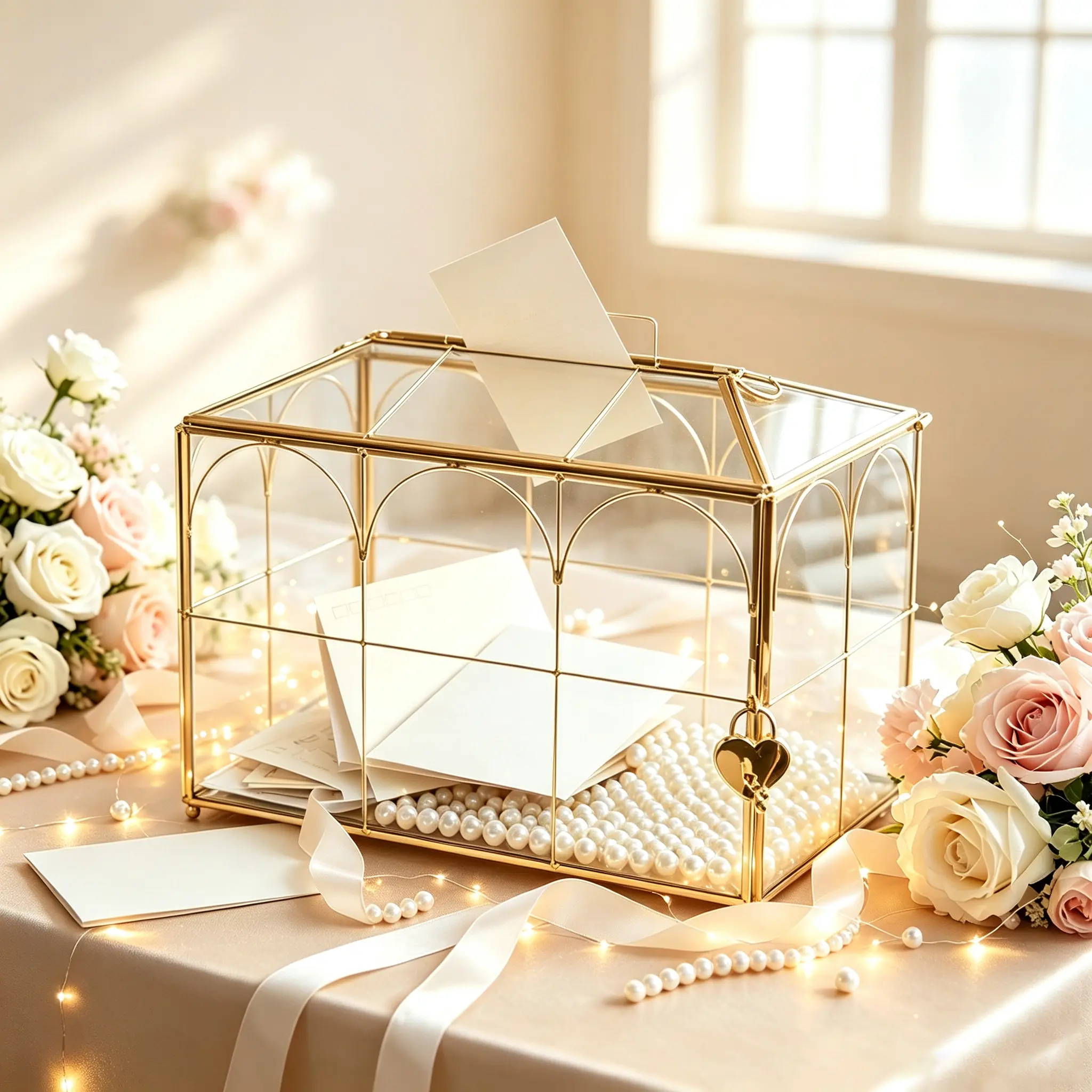 Glass Card Box with Slot, 10.2 inch Large Gold Clear Card Box for Wedding Receptions, Decorative Storage Box with Lock for Baby Shower, Birthday Party, Bridal Shower