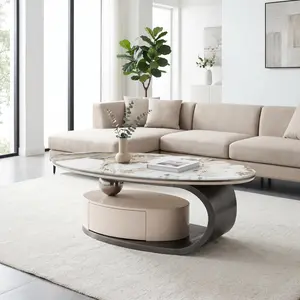 Luxury Oval Faux Marble Tempered Glass Top Coffee Table, Minimalist Living Room Accent Center Table with Hidden Compartment & Storage Drawer, Stable Grey Stainless Steel Base Multifunctional Home Decor for Apartment Bedroom Indoor Use 51''