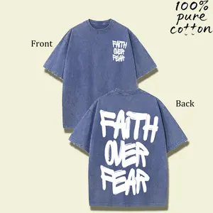 American Retro FAITH OVER FEAR Letter Print Distressed Pure Cotton Washed Short Sleeves Spring Sales TikTok Shop Deals Men's Wear Flash Sales Summer Outfits