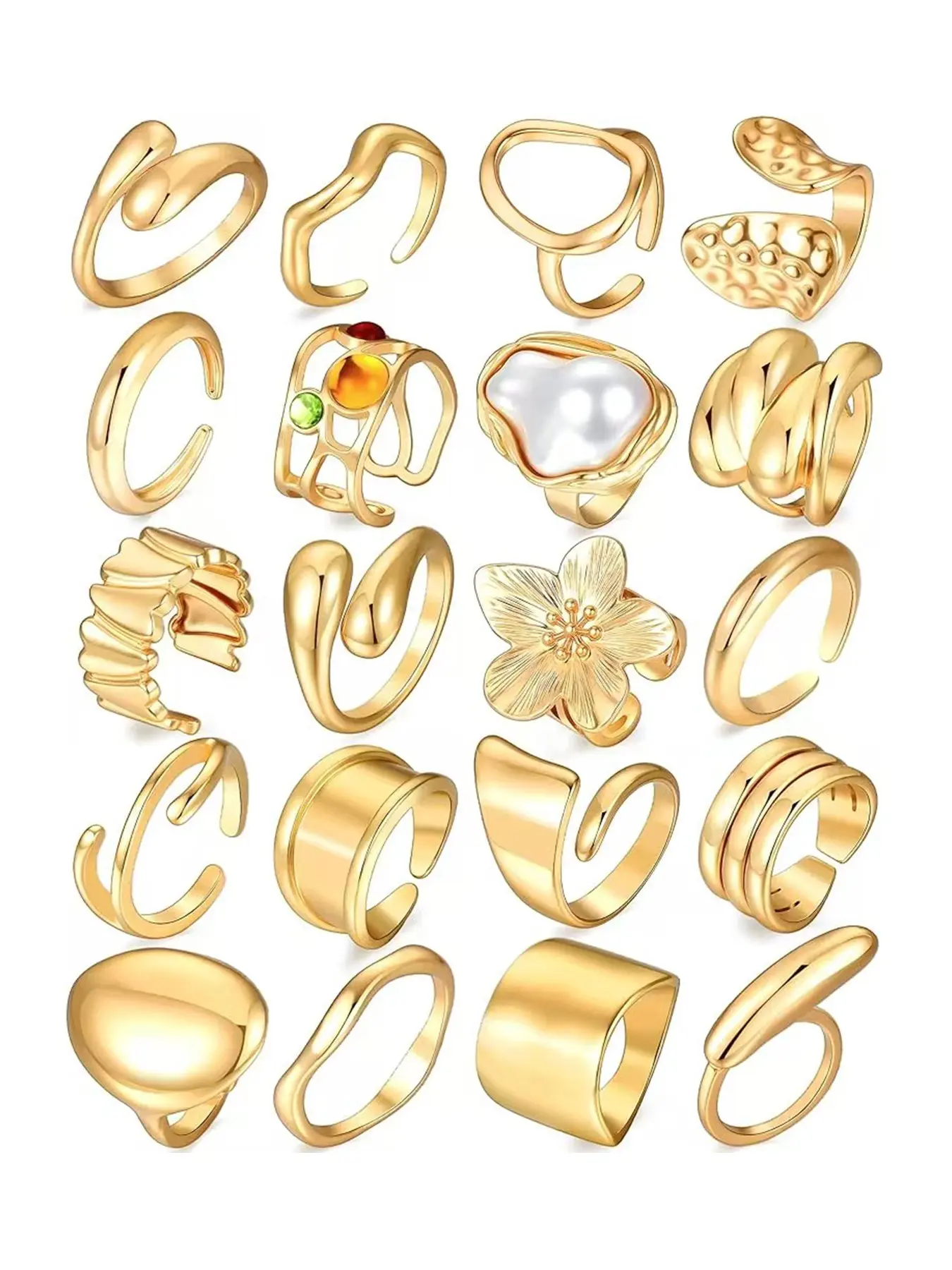 20 Pcs Gold Ring Set for Women, Chunky Statement Flower Finger Midi Rings, Big Boho Style Stacking Rings Pack Trendy Stuff Jewelry Gift, Bohemian Stackable Rings, Beautiful Rings, Fashion Rings