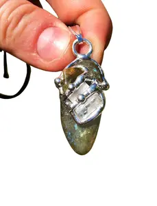 Spiritual Awakening Amulet (Higher Consciousness & Love) Pendant with Black Satin Cord, Selenite, Kunzite, Labradorite, Mixed Tourmaline