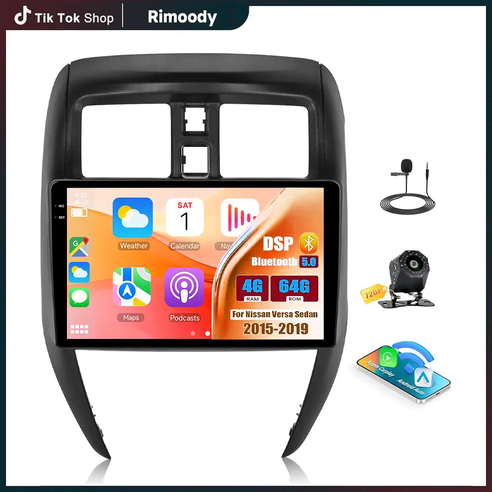Rimoody Car Stereo for Nissan Versa Sedan 2015-2019, 10.1in Incell Glass Touchscreen, 4GB RAM 64GB Android 15, 4x45W Power, Wireless CarPlay, Android Auto, GPS Navigation, Backup Camera, Bluetooth, FM/RDS, EQ, WiFi, SWC, Father's Day Gift
