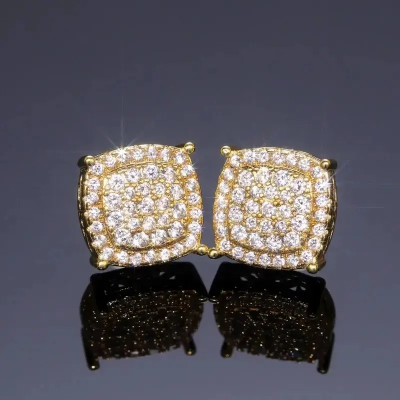 Buburbo Unisex Elegant 12mm Square Stud Earrings - AAAAA Cubic Zirconia, Gold-Plated Moissanite-Lookalike Hip Hop Pave Statement Earrings, Magnetic EU Artificial Gemstone Jewelry for Adults' Stage Party, Anniversary, Birthday