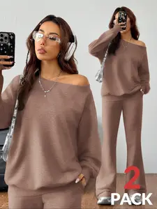 Women's Two-Piece Sports Set, Sweatsuit Set Outfit, Loose Solid Color Knit Asymmetrical Neck Long Sleeve Top, Fall Winter Flare Pants, Sweatsuit Outfits, Workout Sets