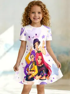 Fresh Heart Star Girl Dress, Trendy Idol Sister Flower Short Sleeve Princess Dress, Casual Fitted Knee Length, All over Print