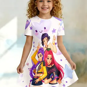 Fresh Heart Star Girl Dress, Trendy Idol Sister Flower Short Sleeve Princess Dress, Casual Fitted Knee Length, All over Print