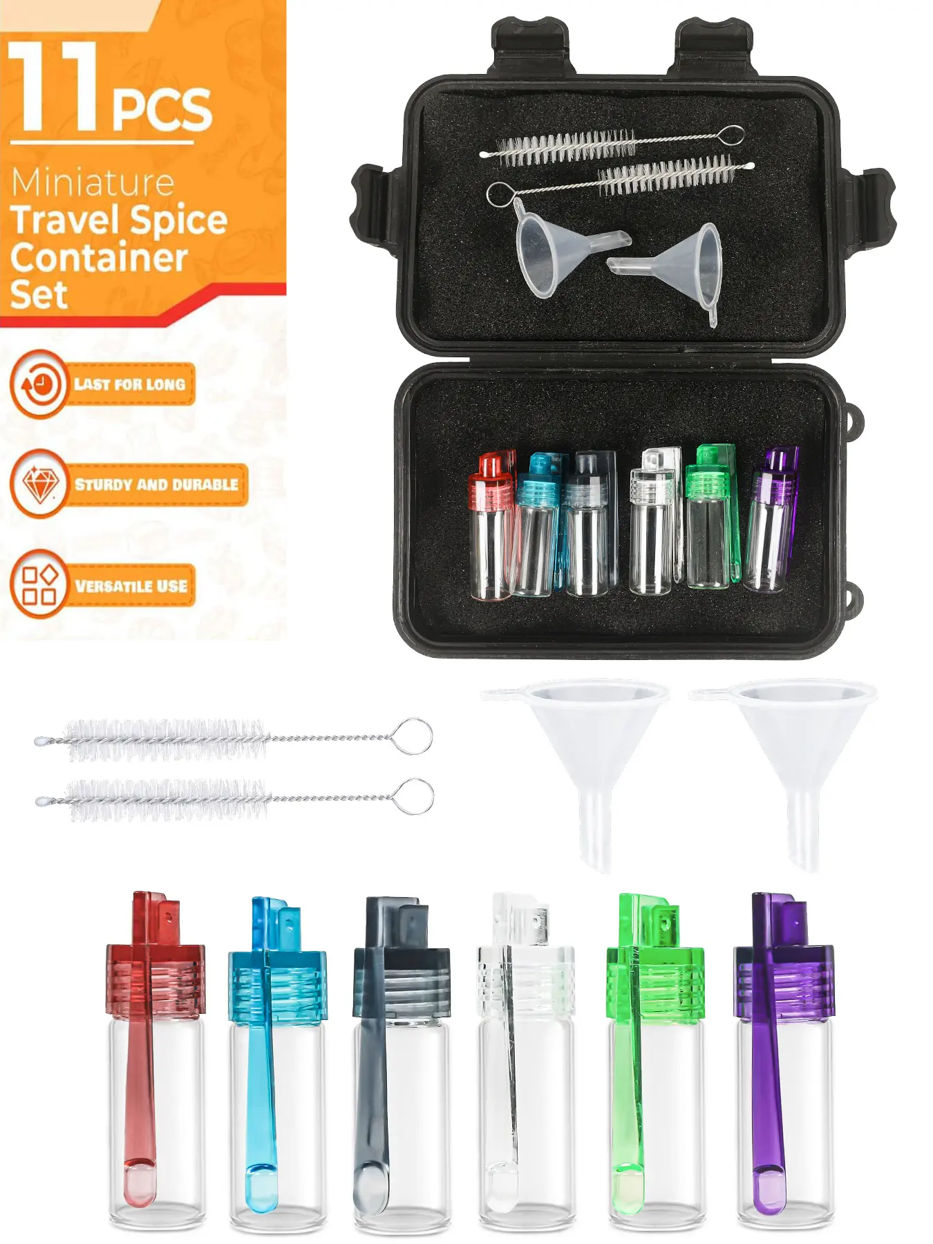 Glass Spice Containers with Spoons, Condiment Containers, Travel Mini Portable Bottles, Leak-Proof Small Jars for Camping Outdoor Picnic Kitchen Storage Set